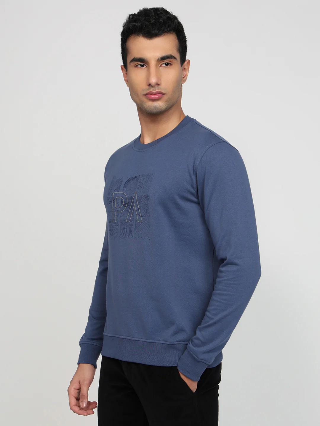 Park Avenue Men Blue Printed Slim Fit Cotton Blend Sweatshirt - Image 2