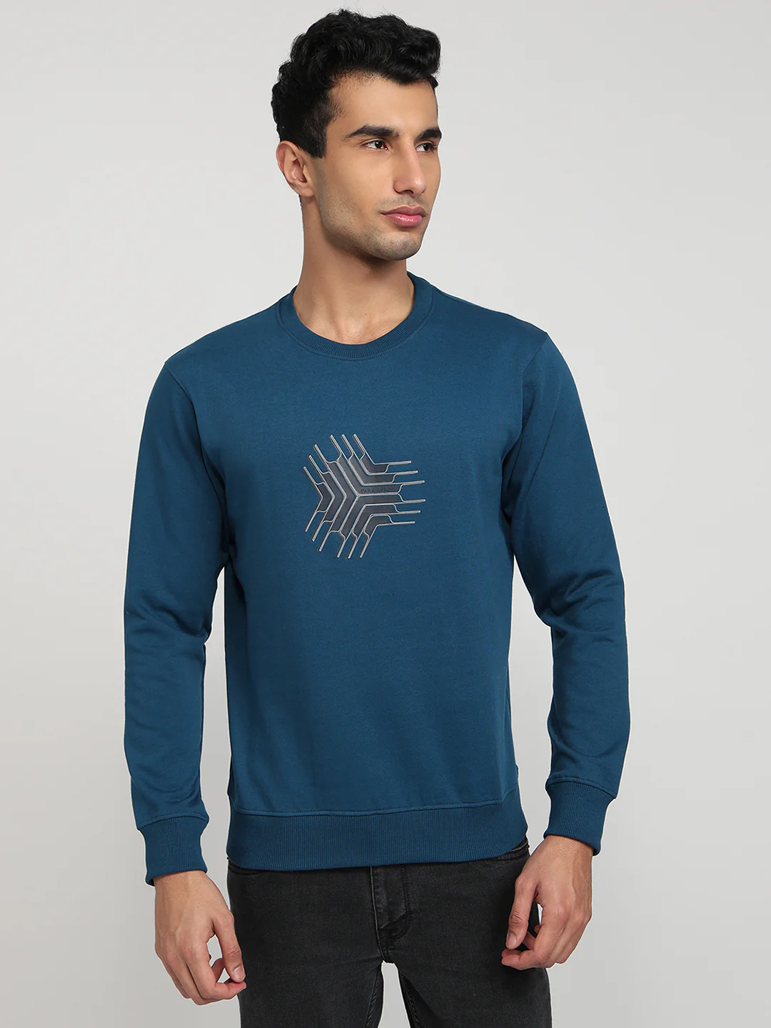 Park Avenue Men Blue Printed Slim Fit Cotton Blend Sweatshirt