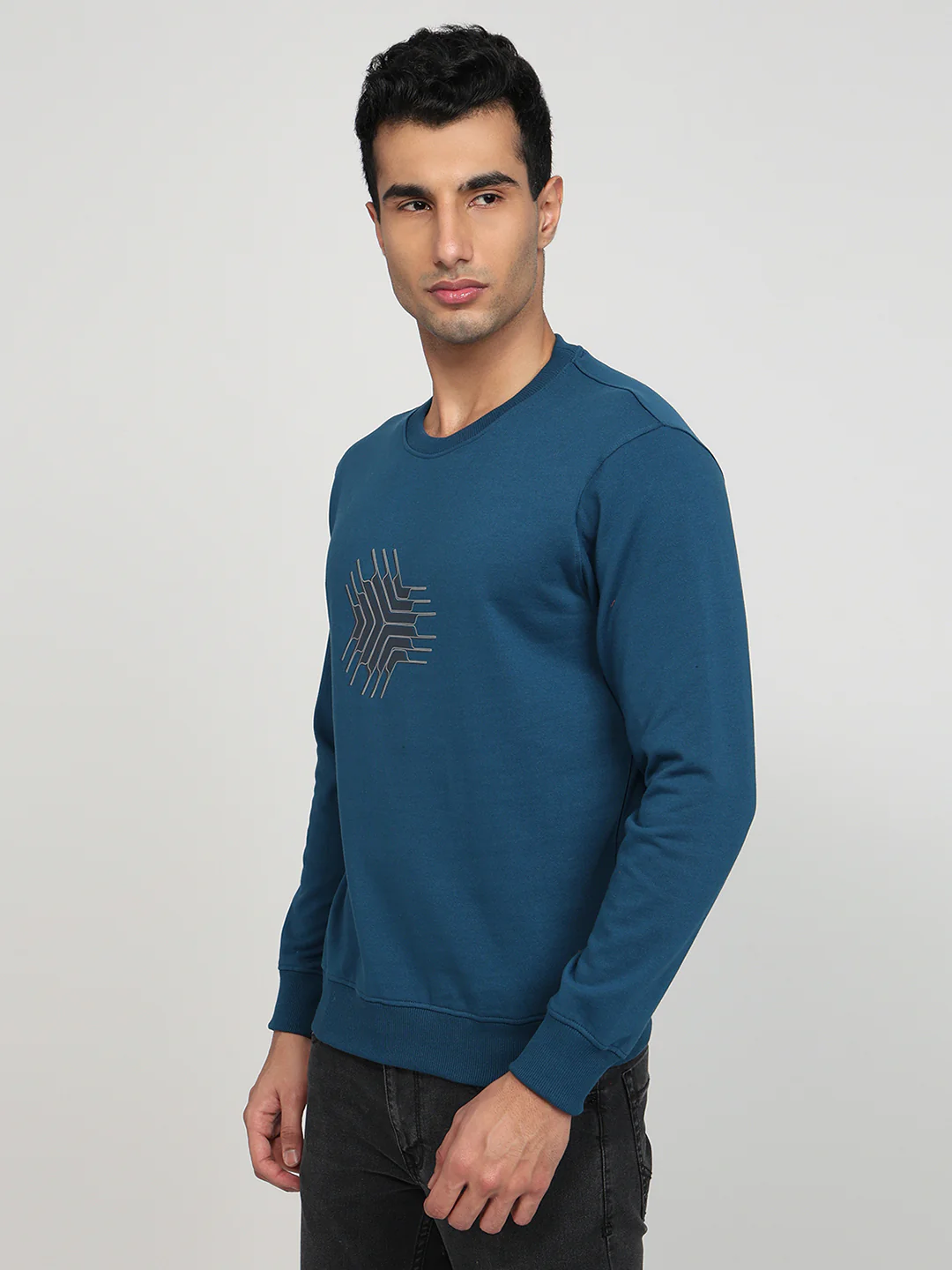 Park Avenue Men Blue Printed Slim Fit Cotton Blend Sweatshirt - Image 2