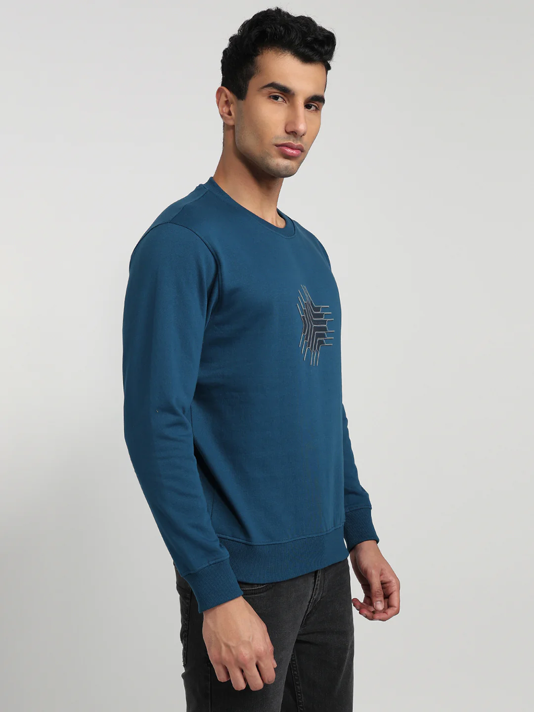 Park Avenue Men Blue Printed Slim Fit Cotton Blend Sweatshirt - Image 3