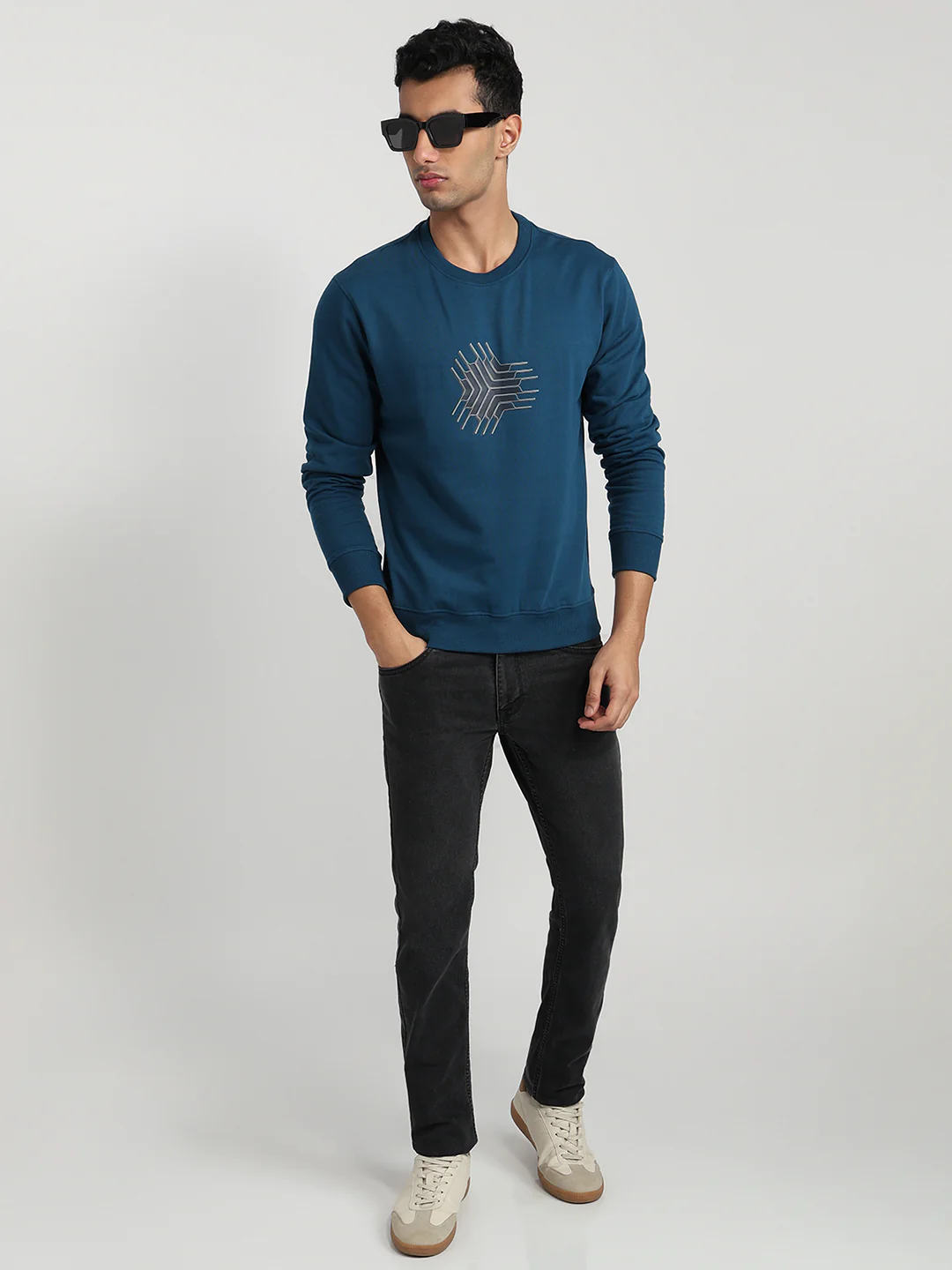 Park Avenue Men Blue Printed Slim Fit Cotton Blend Sweatshirt - Image 5