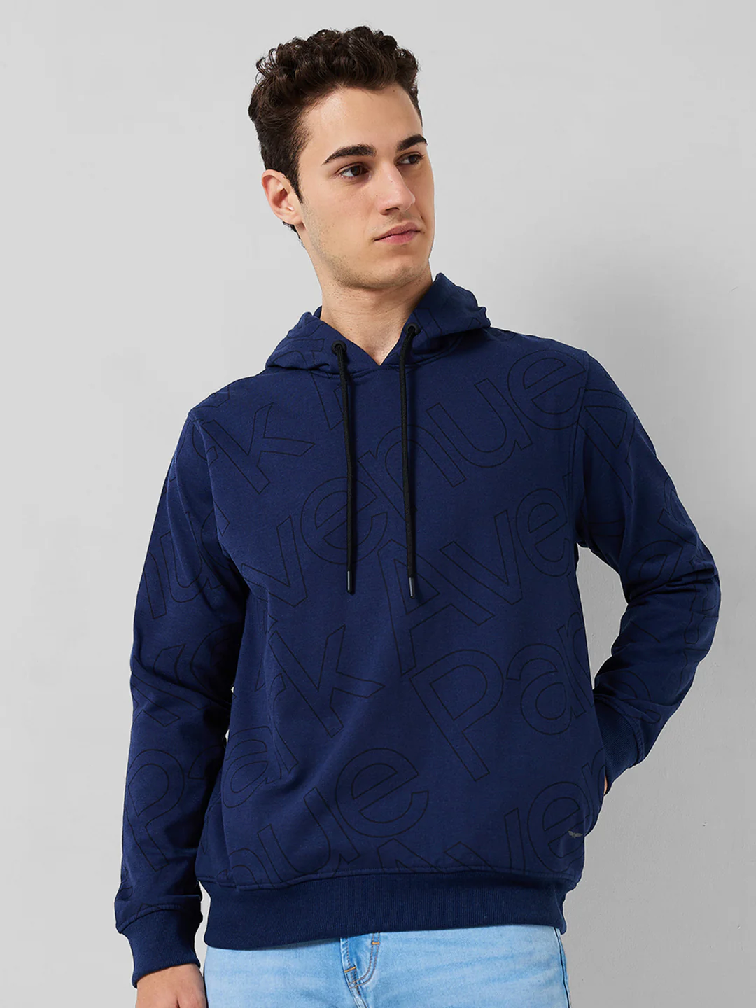 Park Avenue Men Blue Printed Slim Fit Cotton Blend Sweatshirt