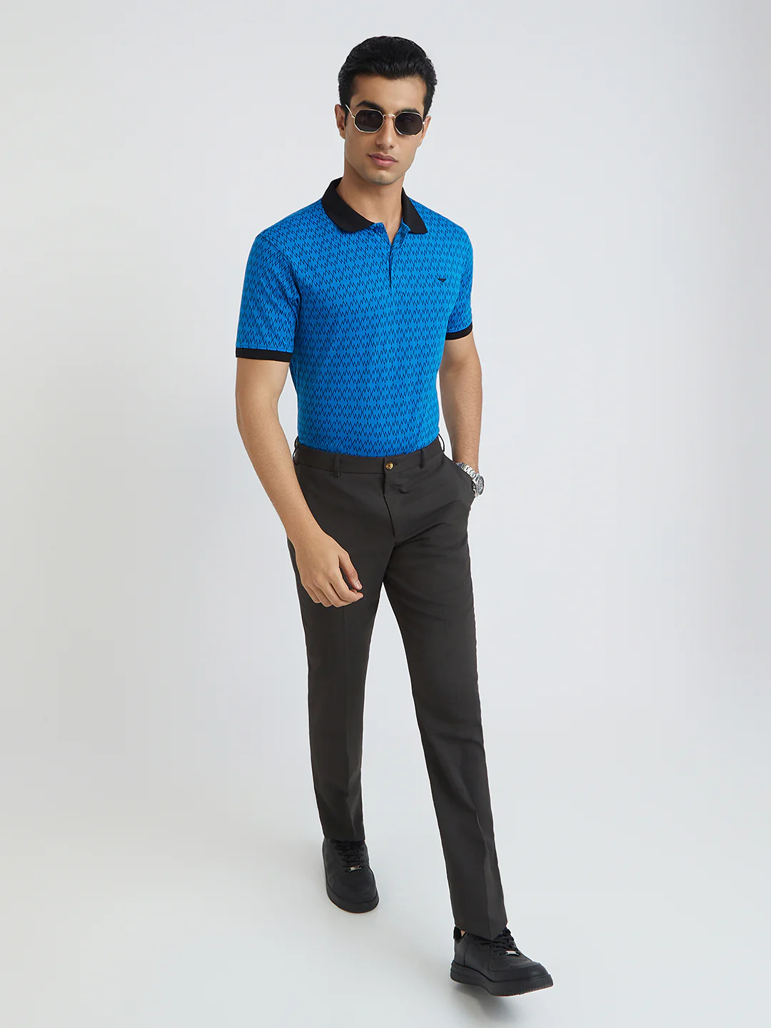 Park Avenue Men Blue Printed Slim Fit Cotton Blend T-Shirt - Image 5