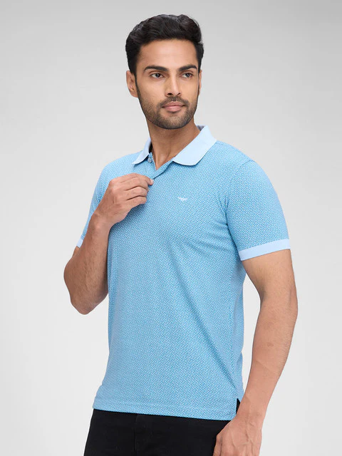 Park Avenue Men Blue Printed Slim Fit Cotton Blend T-Shirt - Image 3