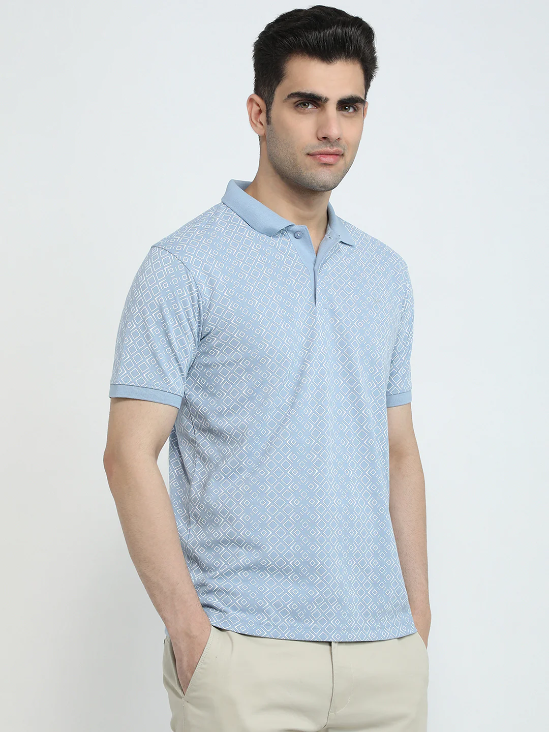 Park Avenue Men Blue Slim Fit Printed Polo Neck Collar T-Shirt - Image 3