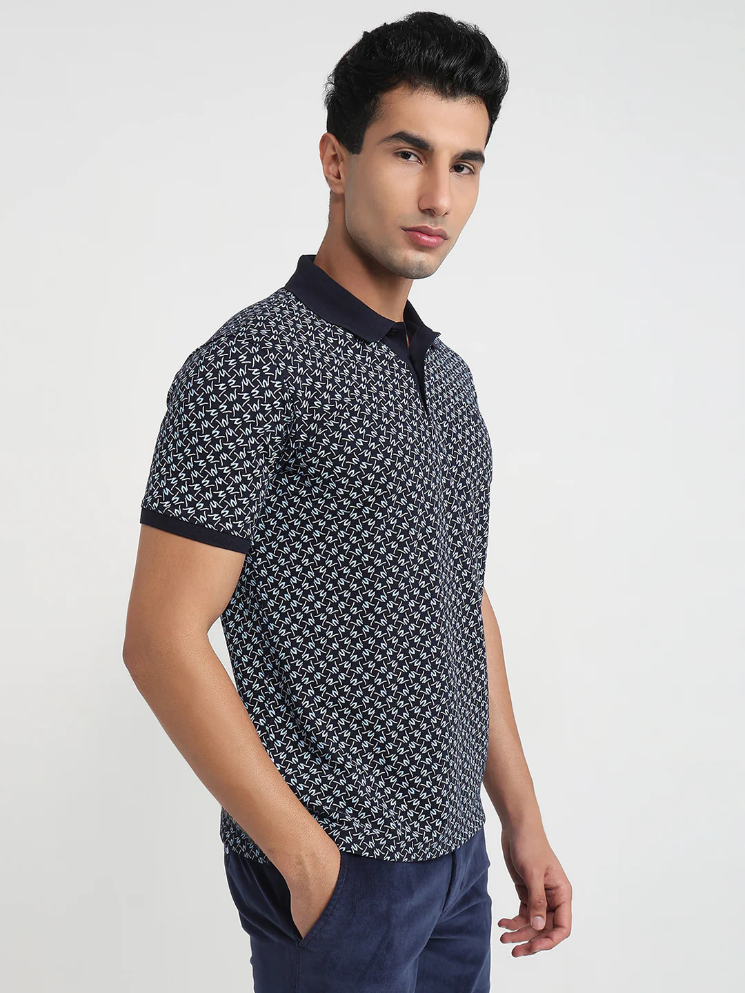 Park Avenue Men Blue Slim Fit Printed Polo Neck Collar T-Shirt - Image 3