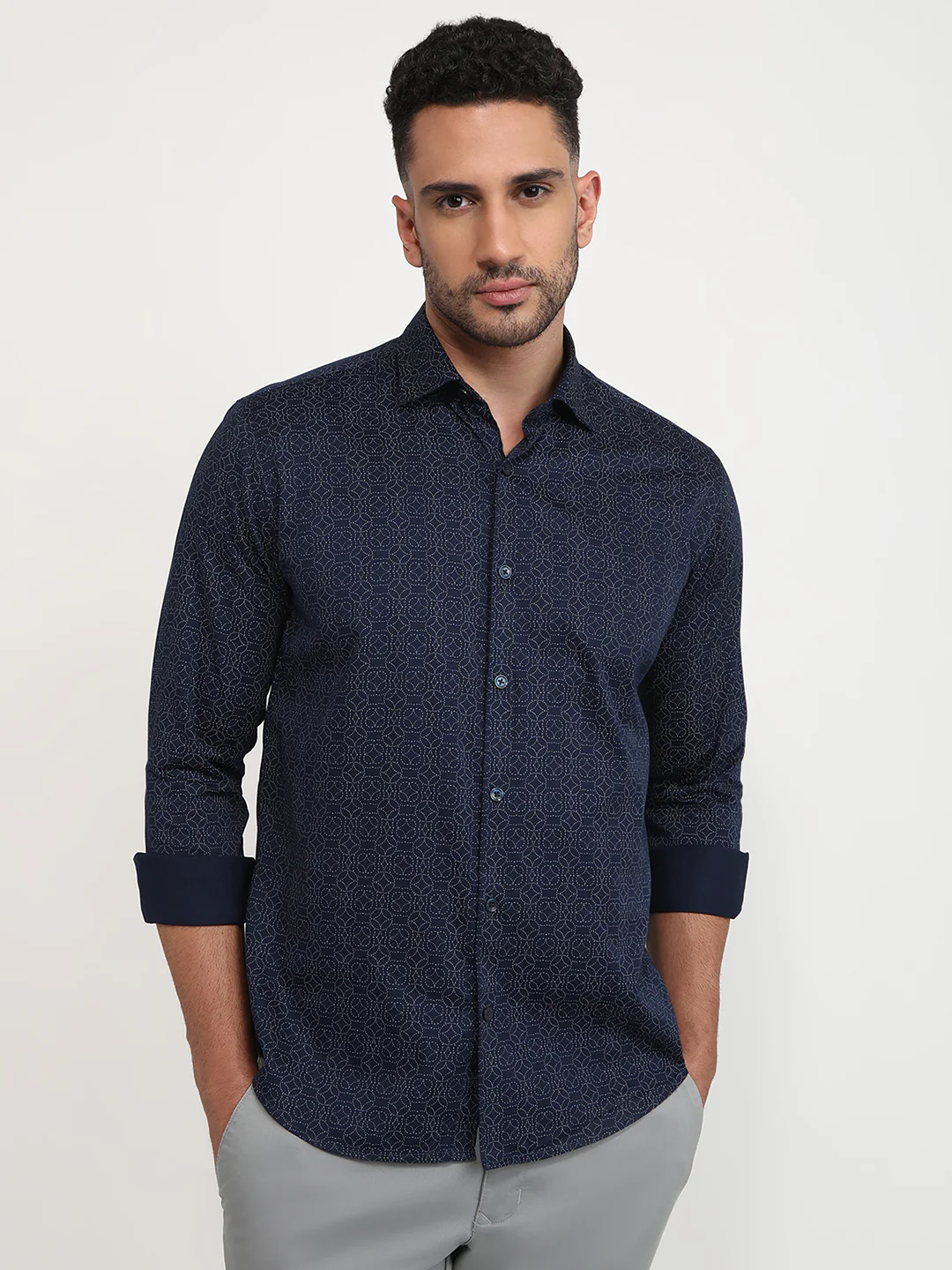 Park Avenue Men Blue Printed Slim Fit Cotton Casual Shirt
