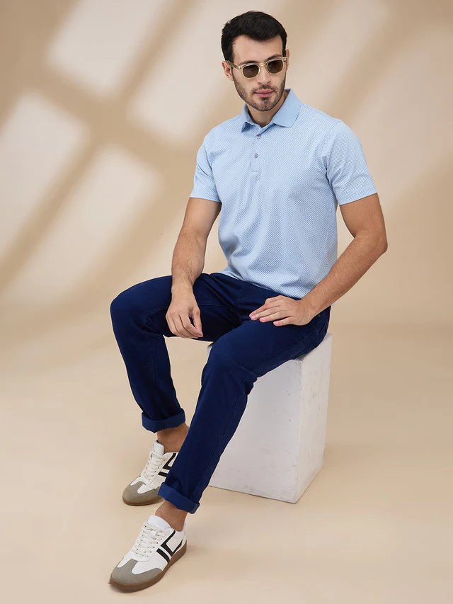 Park Avenue Men Blue Printed Slim Fit Cotton T-Shirt - Image 2