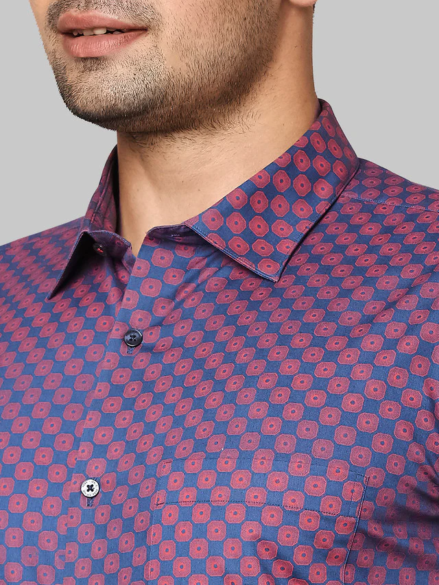 Park Avenue Men Blue Printed Slim Fit Full Sleeve Cut Away Collar Shirt - Image 6