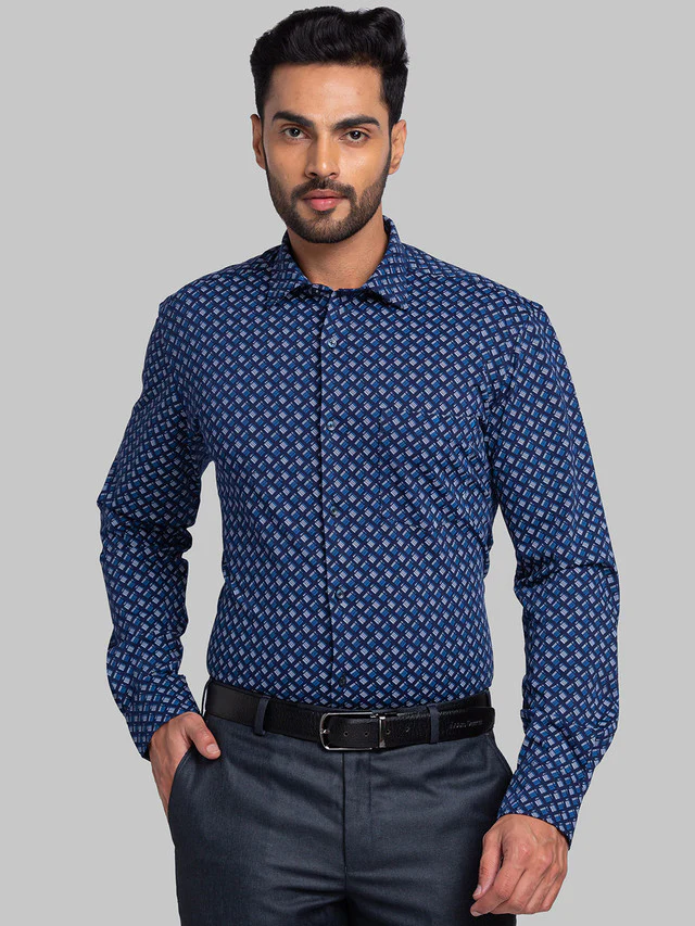 Park Avenue Men Blue Printed Slim Fit Full Sleeve Narrow Collar Shirt