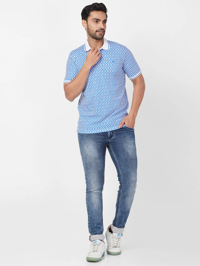 Park Avenue Men Blue Printed Slim Fit Half Sleeve Polo Neck T-Shirt - Image 5
