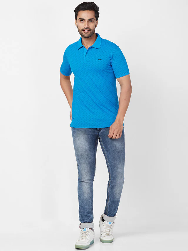 Park Avenue Men Blue Printed Slim Fit Half Sleeve Polo Neck T-Shirt - Image 5