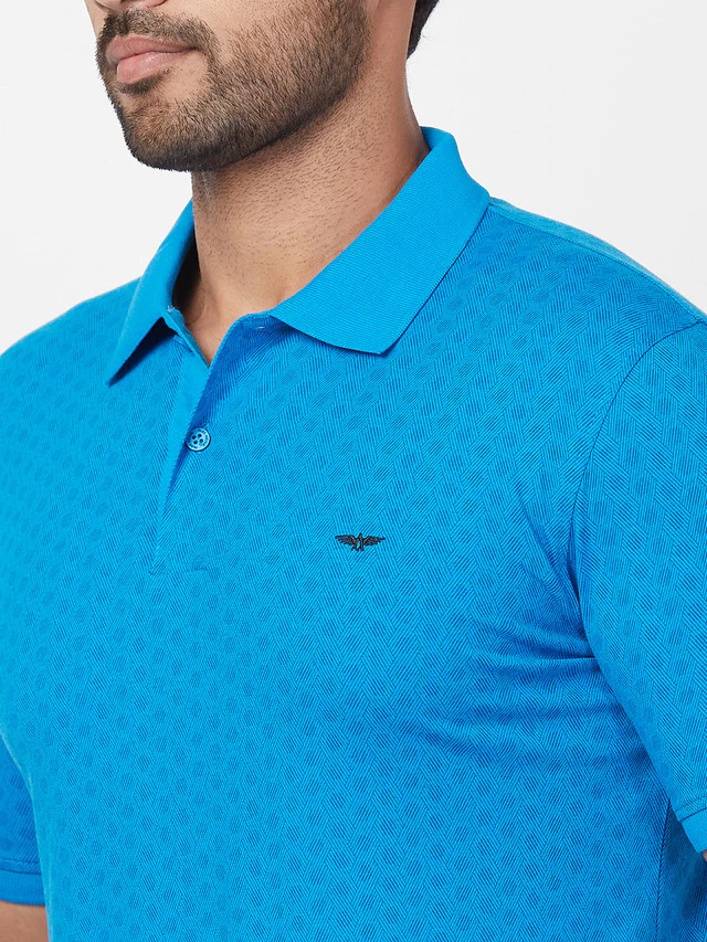 Park Avenue Men Blue Printed Slim Fit Half Sleeve Polo Neck T-Shirt - Image 6