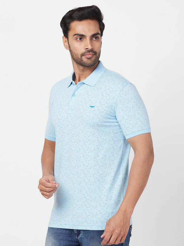 Park Avenue Men Blue Printed Slim Fit Half Sleeve Polo Neck T-Shirt - Image 3