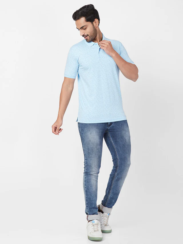 Park Avenue Men Blue Printed Slim Fit Half Sleeve Polo Neck T-Shirt - Image 5