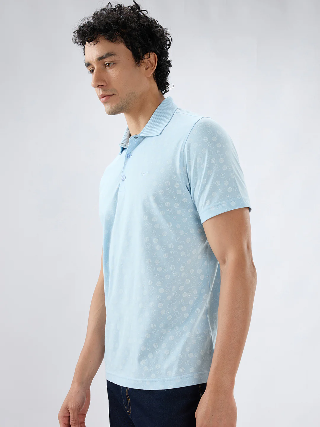 Park Avenue Men Blue Regular Fit Print Polo Neck Collar T-Shirt - Image 3