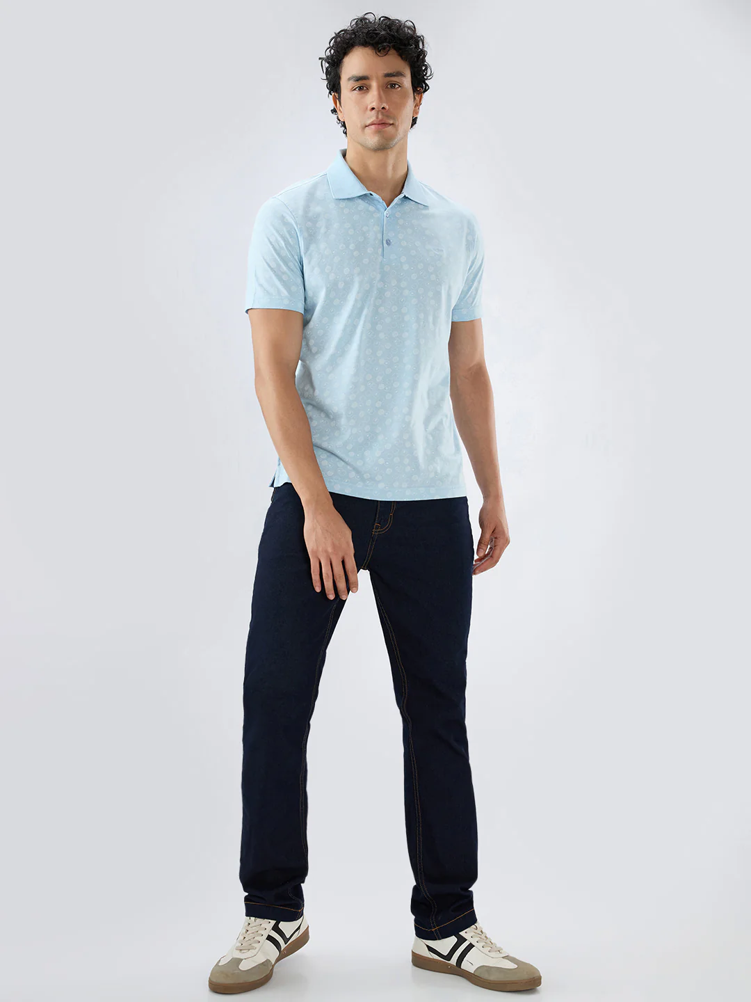 Park Avenue Men Blue Regular Fit Print Polo Neck Collar T-Shirt - Image 5