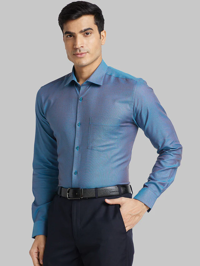 Park Avenue Men Blue Self Design Slim Fit Full Sleeve Semi Cut Away Collar Shirt - Image 3