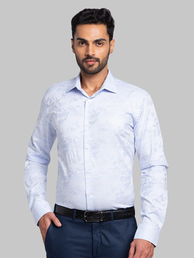 Park Avenue Men Blue Self Design Slim Fit Full Sleeve Semi Cut Away Collar Shirt