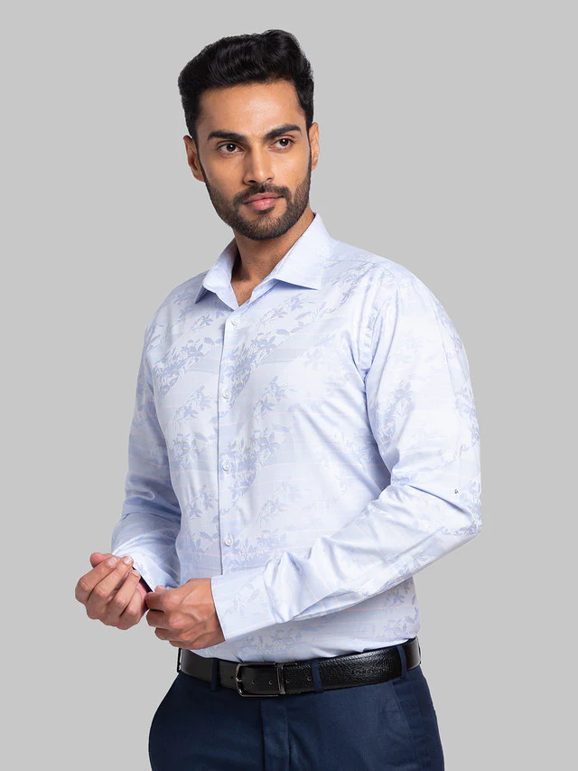 Park Avenue Men Blue Self Design Slim Fit Full Sleeve Semi Cut Away Collar Shirt - Image 3