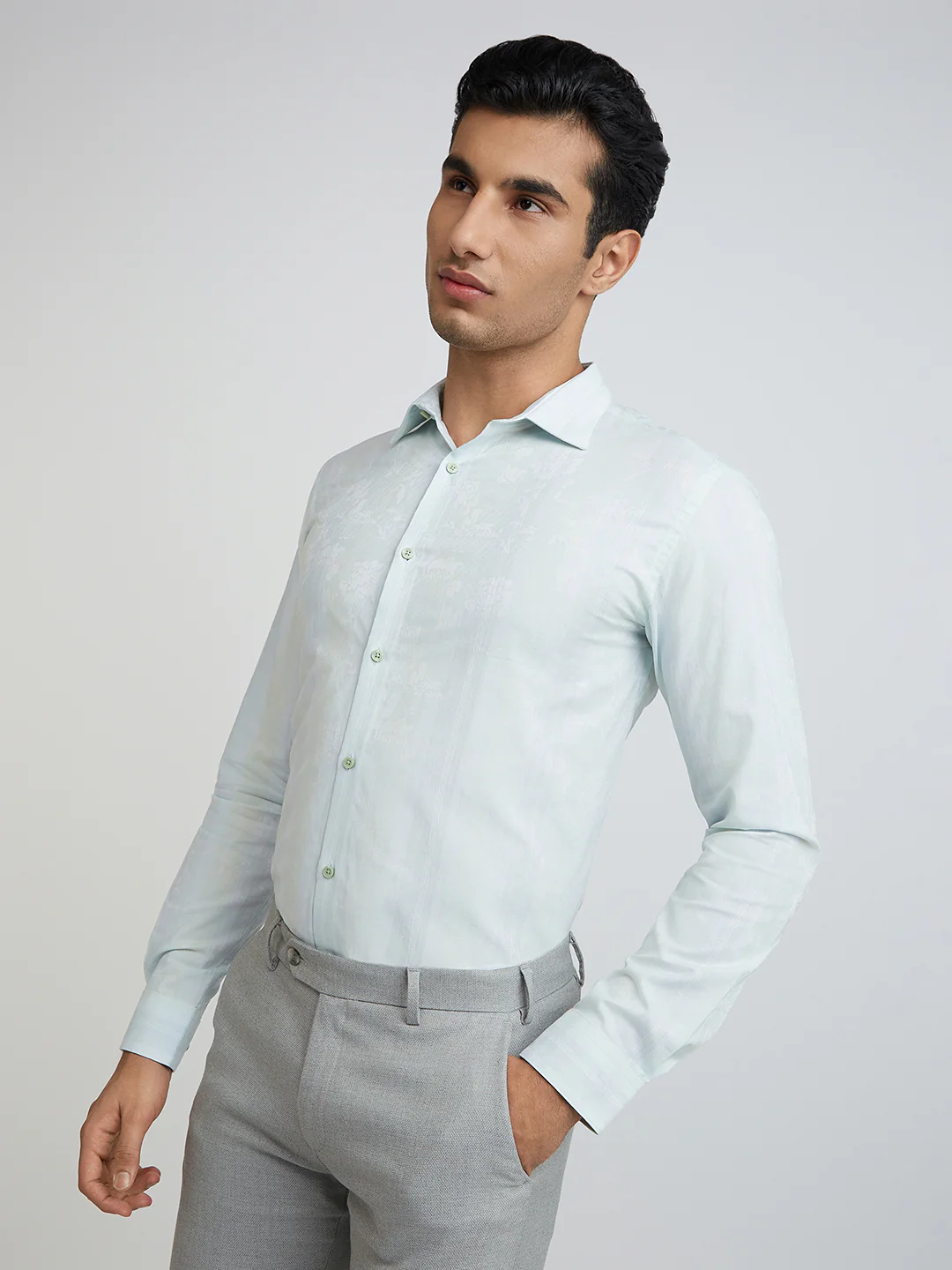 Park Avenue Men Blue Self Design Slim Fit Full Sleeve Semi Cut Away Collar Shirt - Image 3