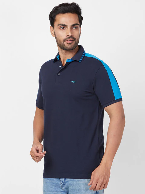Park Avenue Men Blue Slim Fit Knitted Polo Neck Collar T-Shirt - Image 3