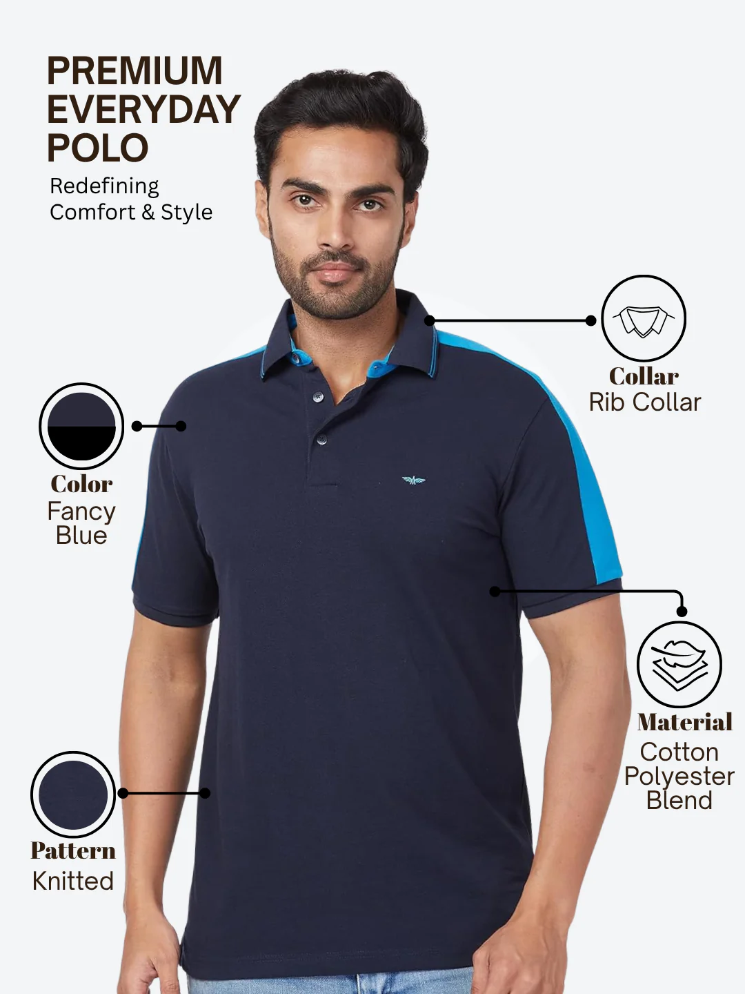 Park Avenue Men Blue Slim Fit Knitted Polo Neck Collar T-Shirt - Image 4