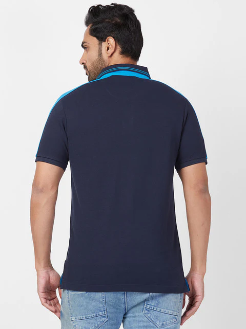 Park Avenue Men Blue Slim Fit Knitted Polo Neck Collar T-Shirt - Image 5