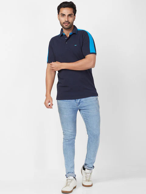 Park Avenue Men Blue Slim Fit Knitted Polo Neck Collar T-Shirt - Image 6