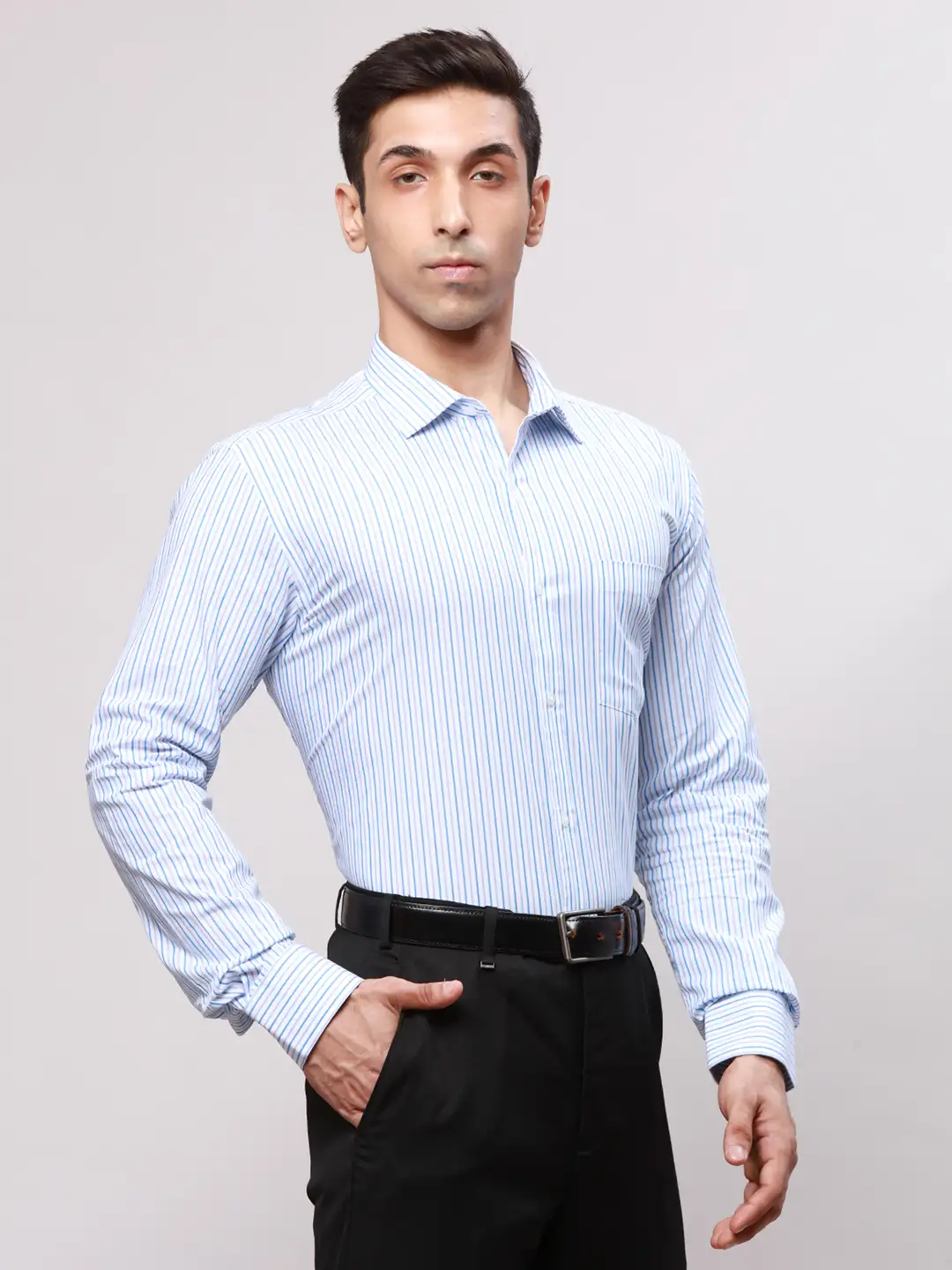 Park Avenue Men Blue Slim Fit Stripe Cotton Shirts - Image 2