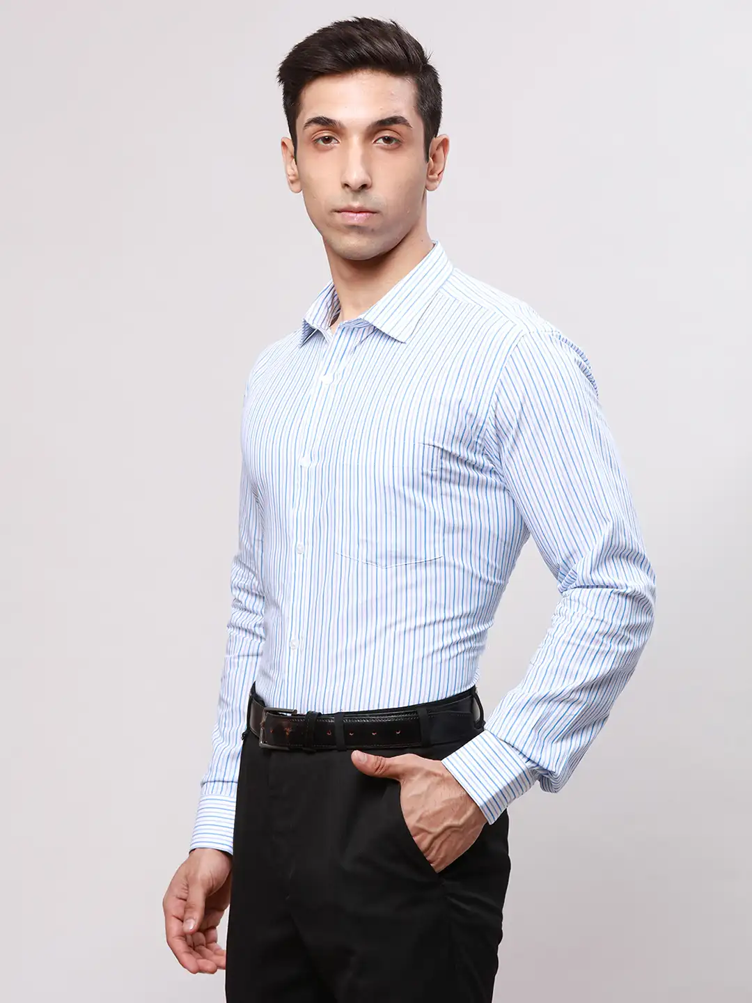 Park Avenue Men Blue Slim Fit Stripe Cotton Shirts - Image 3