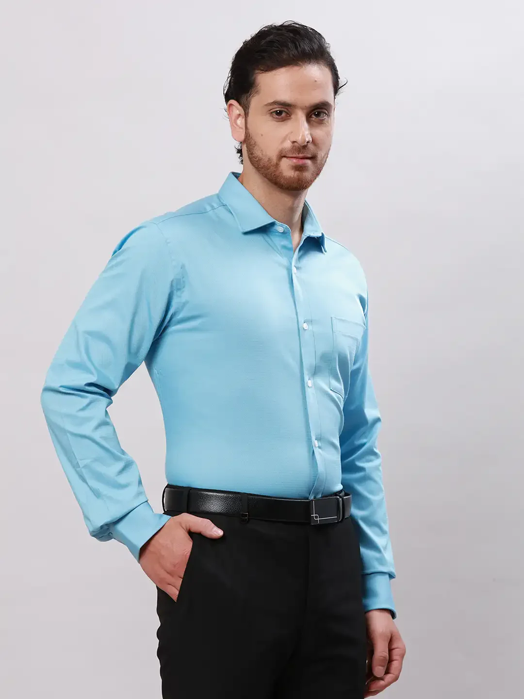Park Avenue Men Blue Slim Fit Structure Polyester Shirts - Image 2