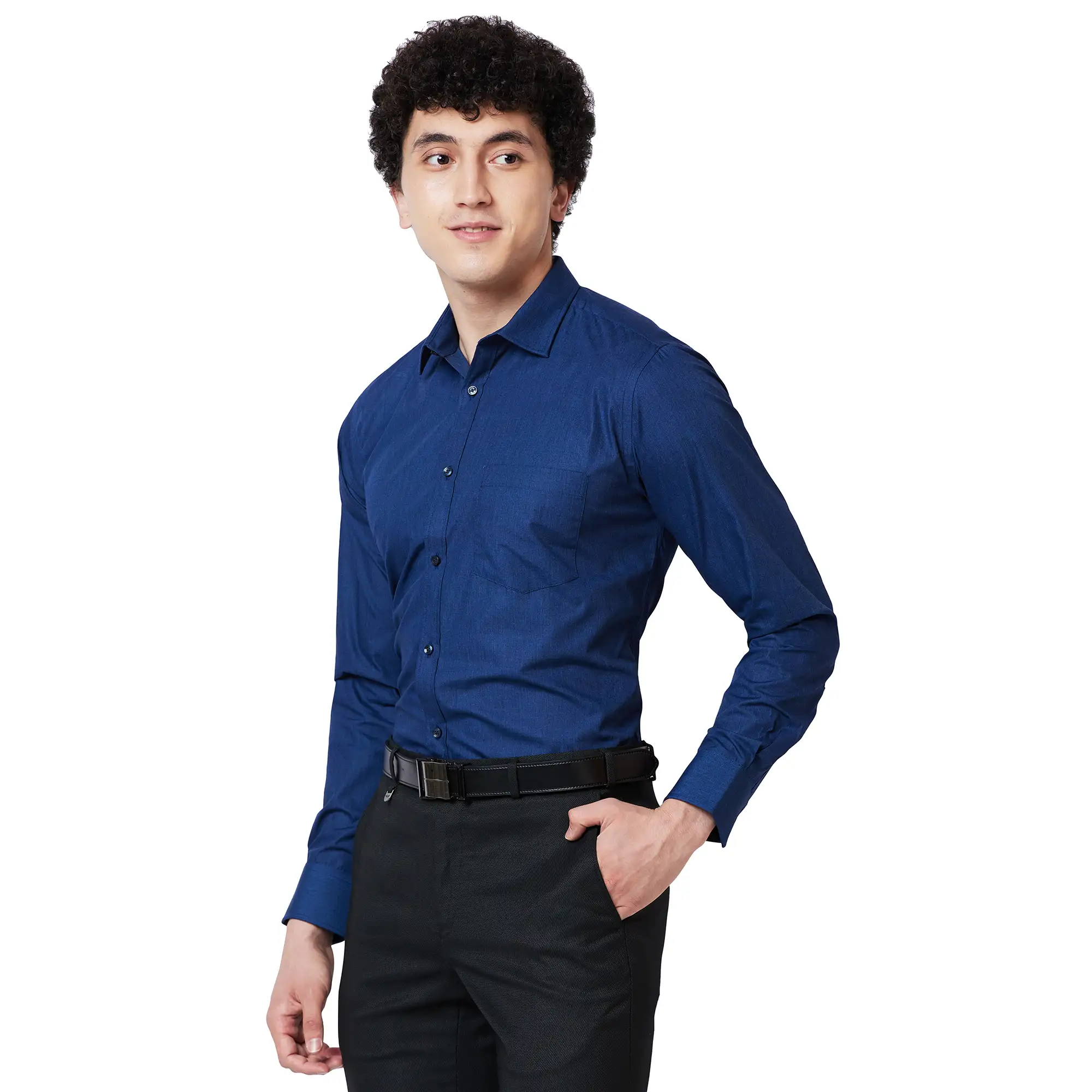 Park Avenue Men Blue Slim Solid Cotton Blend Shirt - Image 2