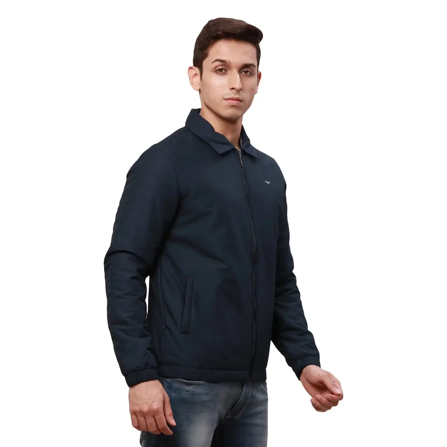 Park Avenue Men Blue Solid Polyester Full Sleeve Padded Neck Jackets - Image 2