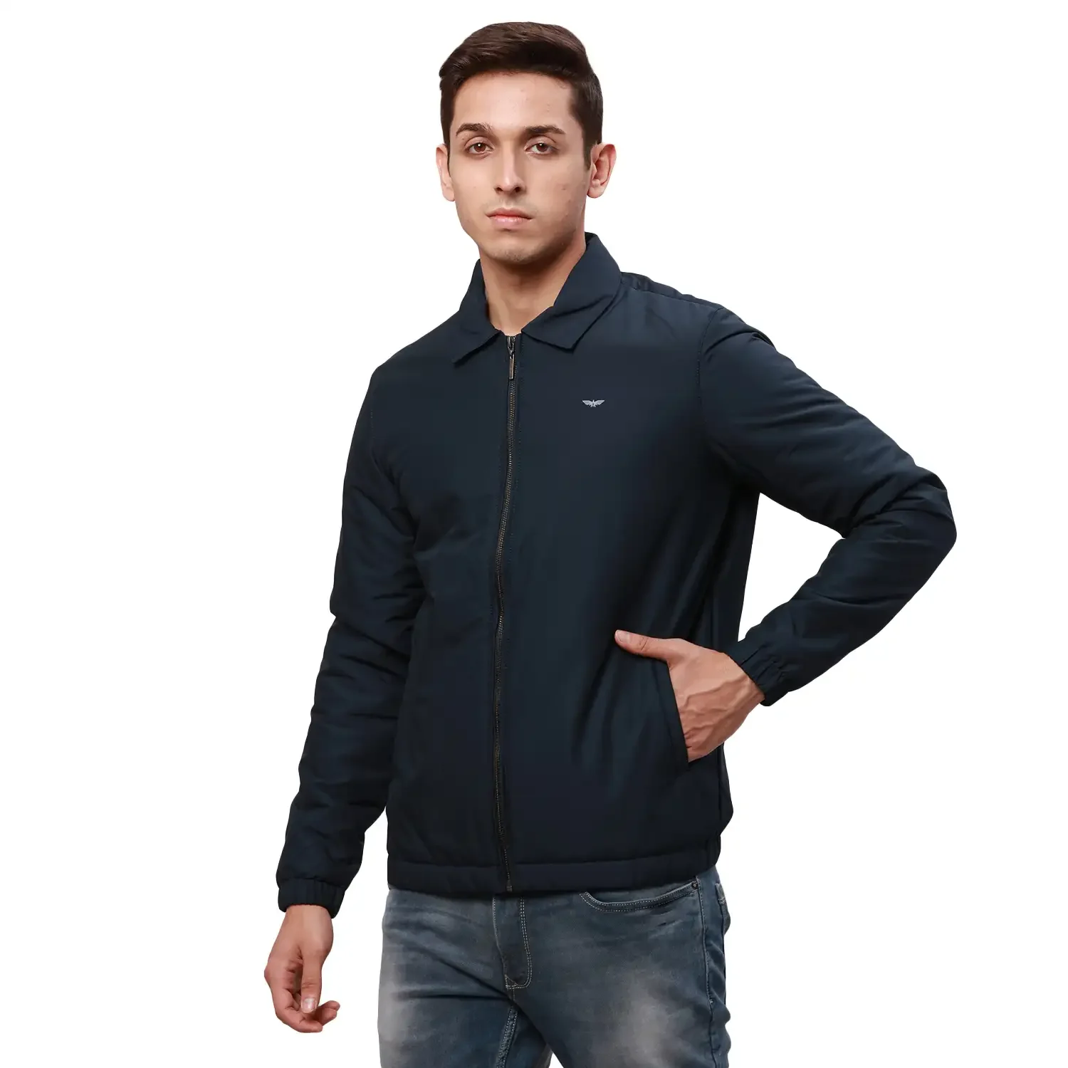 Park Avenue Men Blue Solid Polyester Full Sleeve Padded Neck Jackets - Image 3