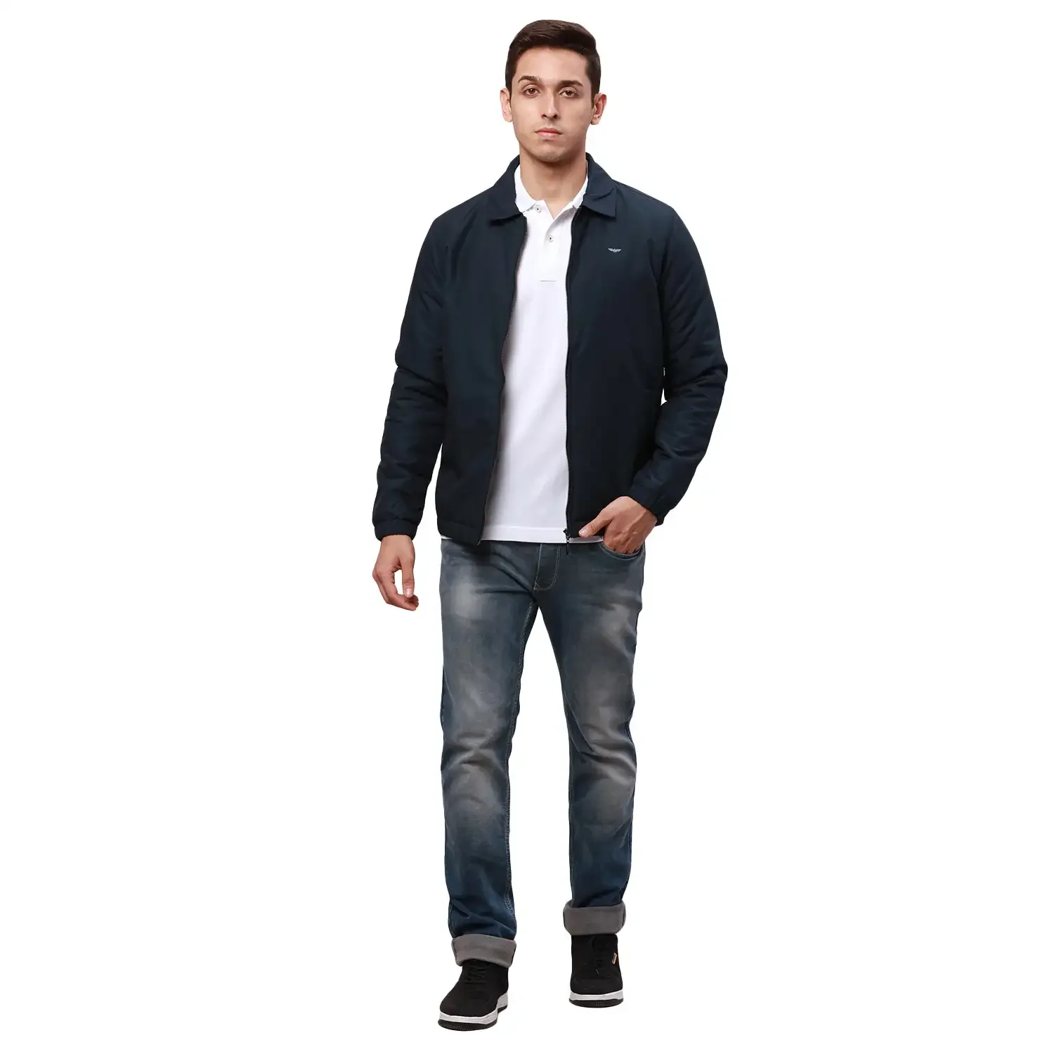 Park Avenue Men Blue Solid Polyester Full Sleeve Padded Neck Jackets - Image 5