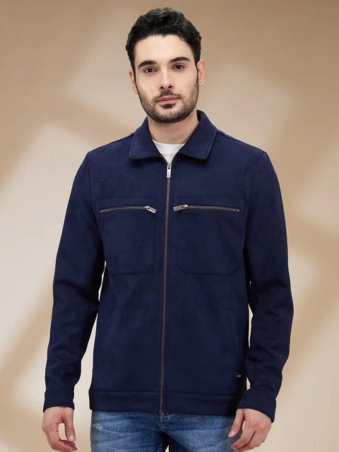Park Avenue Men Blue Solid Polyester Jacket