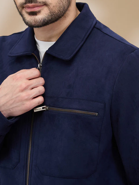 Park Avenue Men Blue Solid Polyester Jacket - Image 5