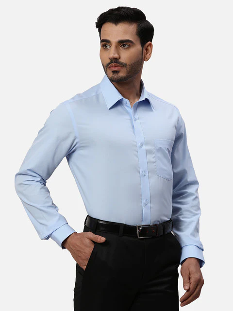 Park Avenue Men Blue Solid Regular Fit Cotton Formal Shirts - Image 2