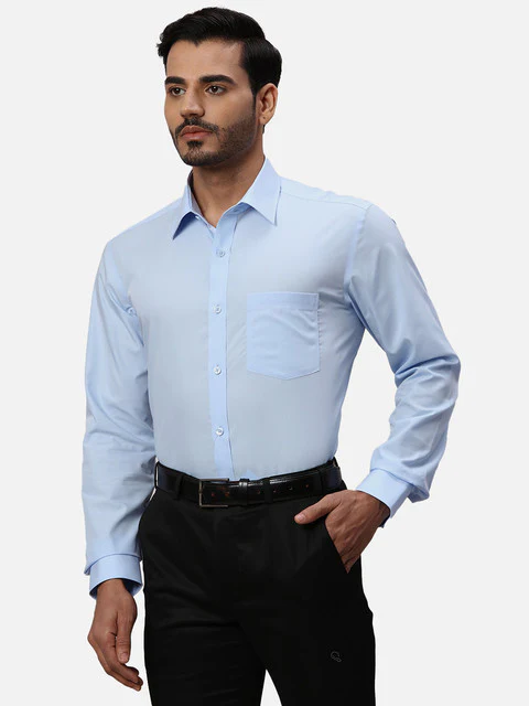 Park Avenue Men Blue Solid Regular Fit Cotton Formal Shirts - Image 3