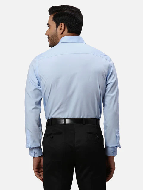 Park Avenue Men Blue Solid Regular Fit Cotton Formal Shirts - Image 4