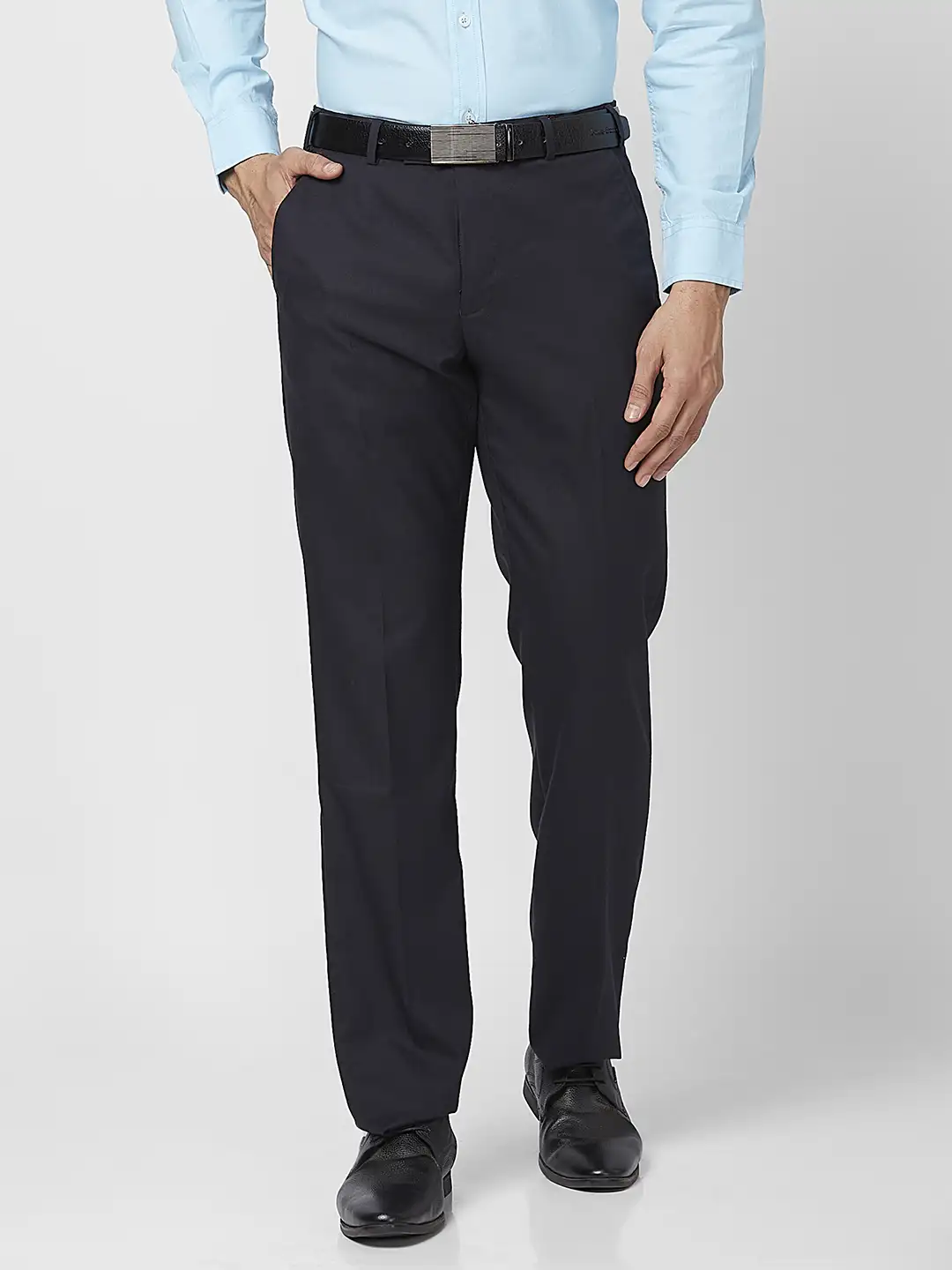 Park Avenue Men Blue Solid Regular Fit Polyester Blend Trouser