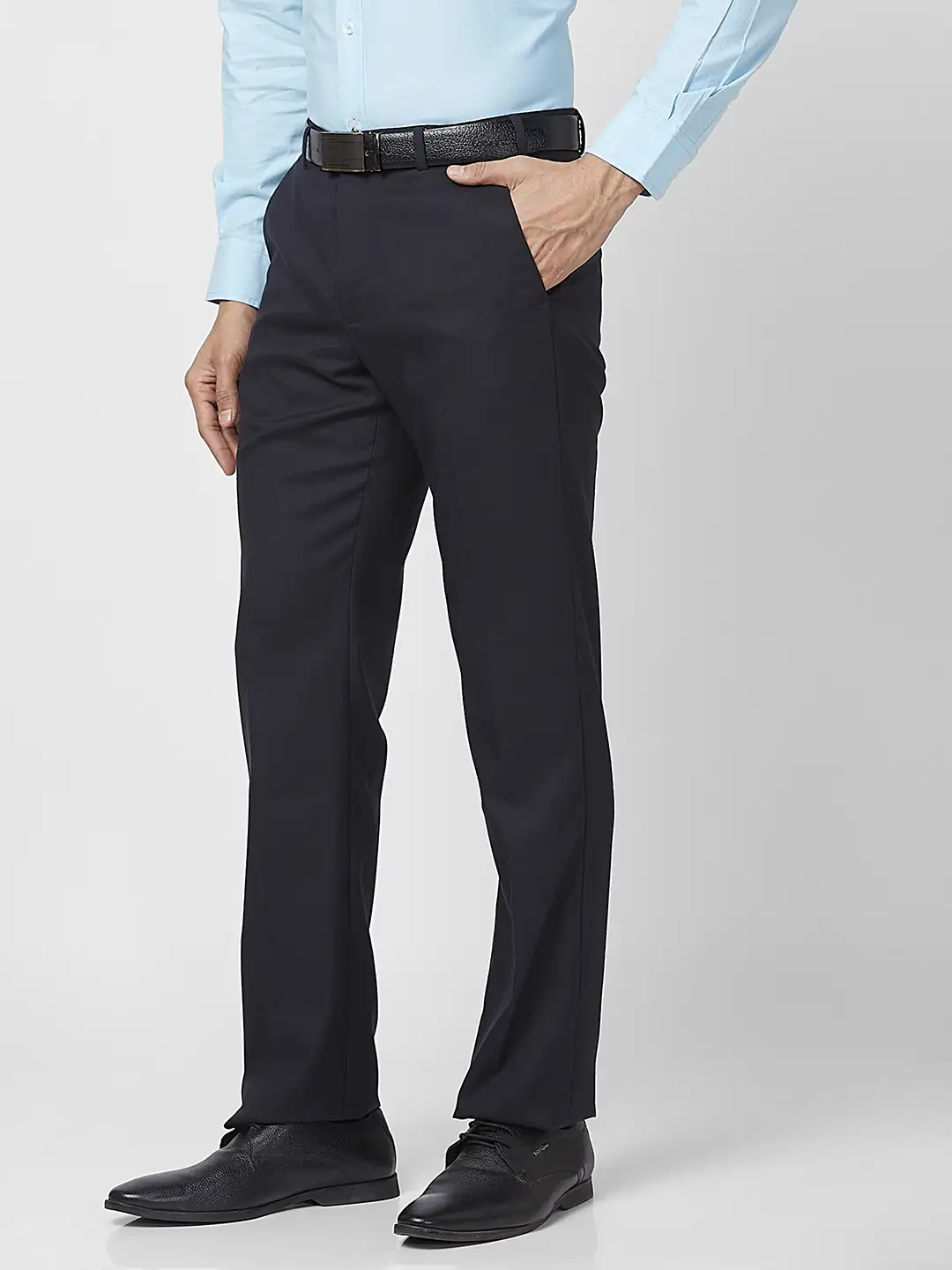 Park Avenue Men Blue Solid Regular Fit Polyester Blend Trouser - Image 3