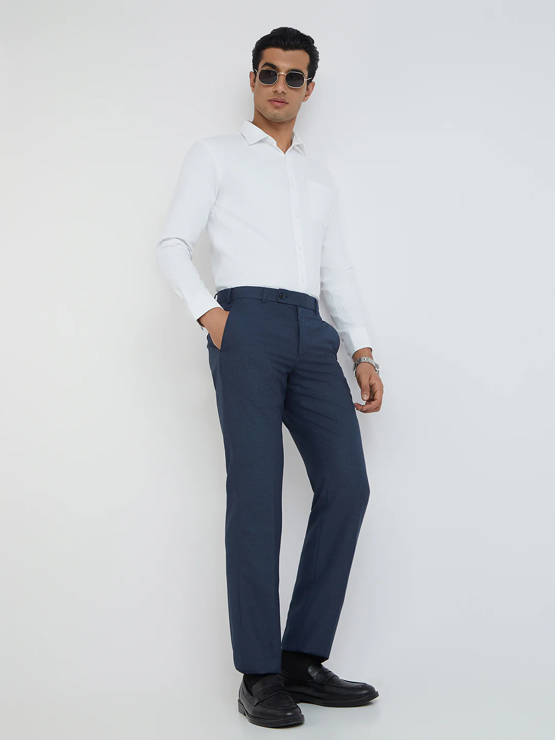 Park Avenue Men Blue Solid Regular Fit Polyester Blend Trouser - Image 4