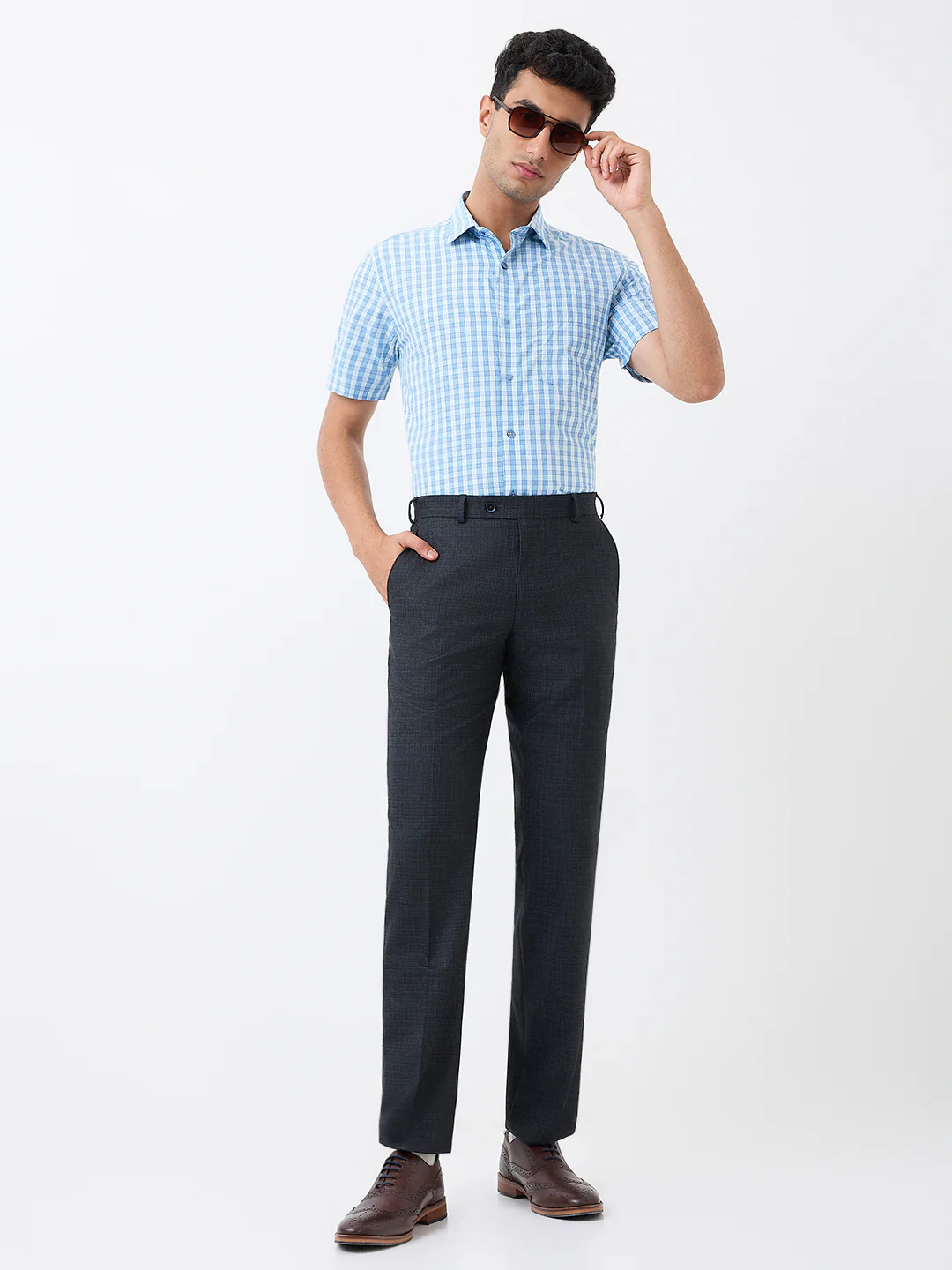 Park Avenue Men Blue Solid Regular Fit Polyester Blend Trouser - Image 6