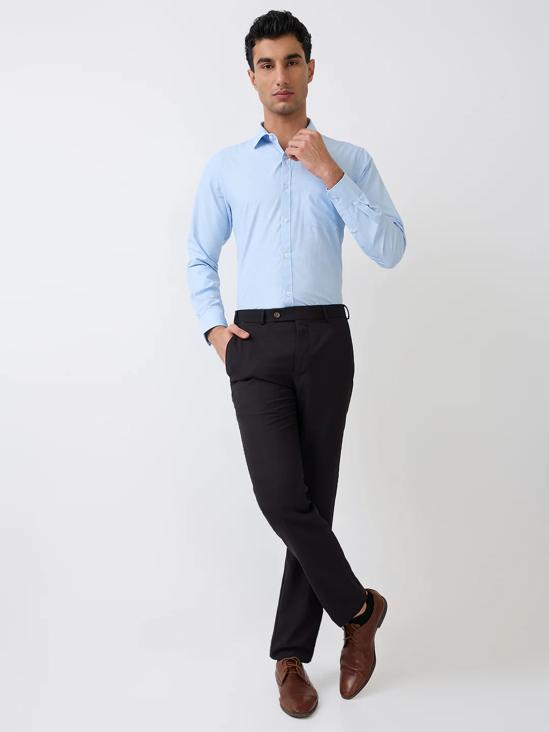 Park Avenue Men Blue Solid Slim Fit Cotton Blend Formal Shirt - Image 5