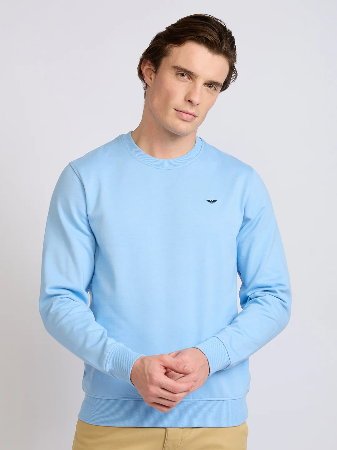 Park Avenue Men Blue Solid Slim Fit Cotton Blend Round Neck Collar Sweatshirt