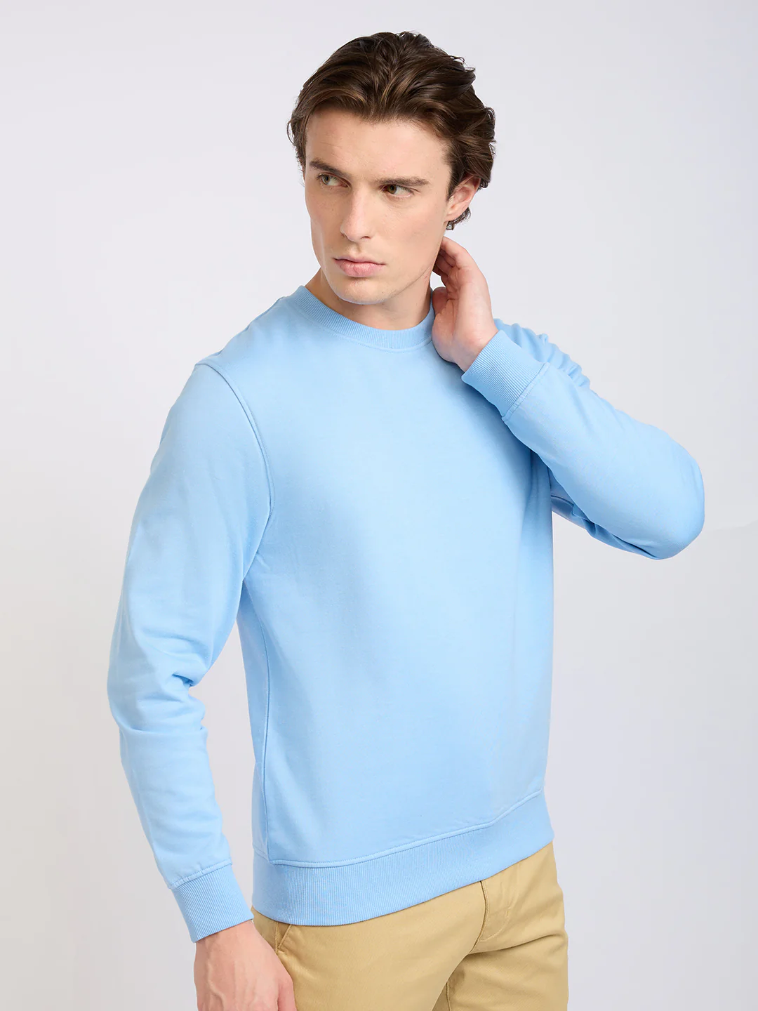 Park Avenue Men Blue Solid Slim Fit Cotton Blend Round Neck Collar Sweatshirt - Image 2