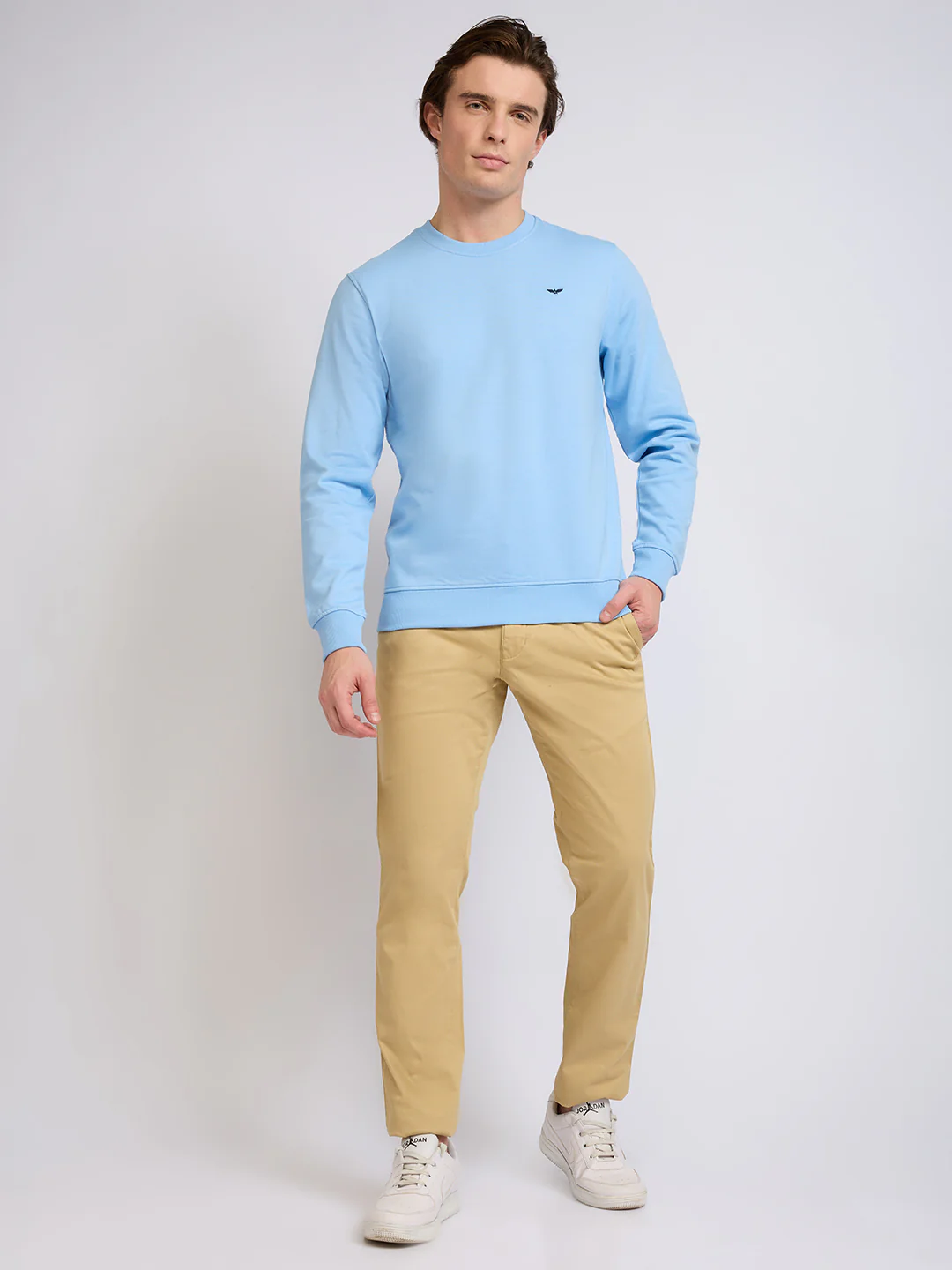 Park Avenue Men Blue Solid Slim Fit Cotton Blend Round Neck Collar Sweatshirt - Image 5