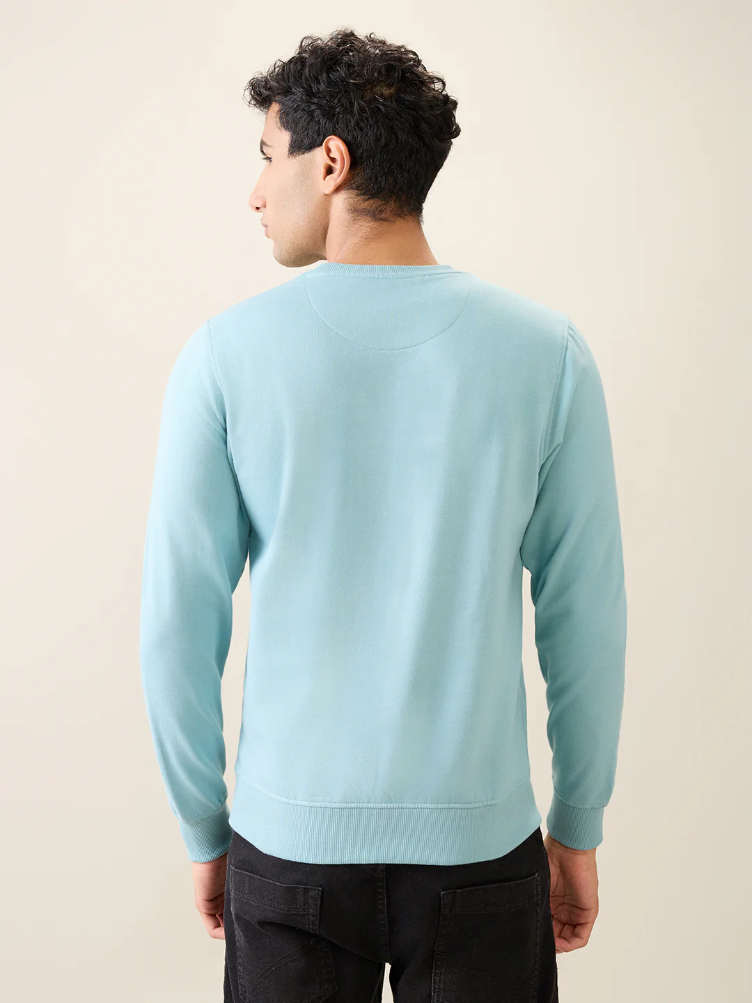 Park Avenue Men Blue Solid Slim Fit Cotton Blend Round Neck Collar Sweatshirt - Image 4